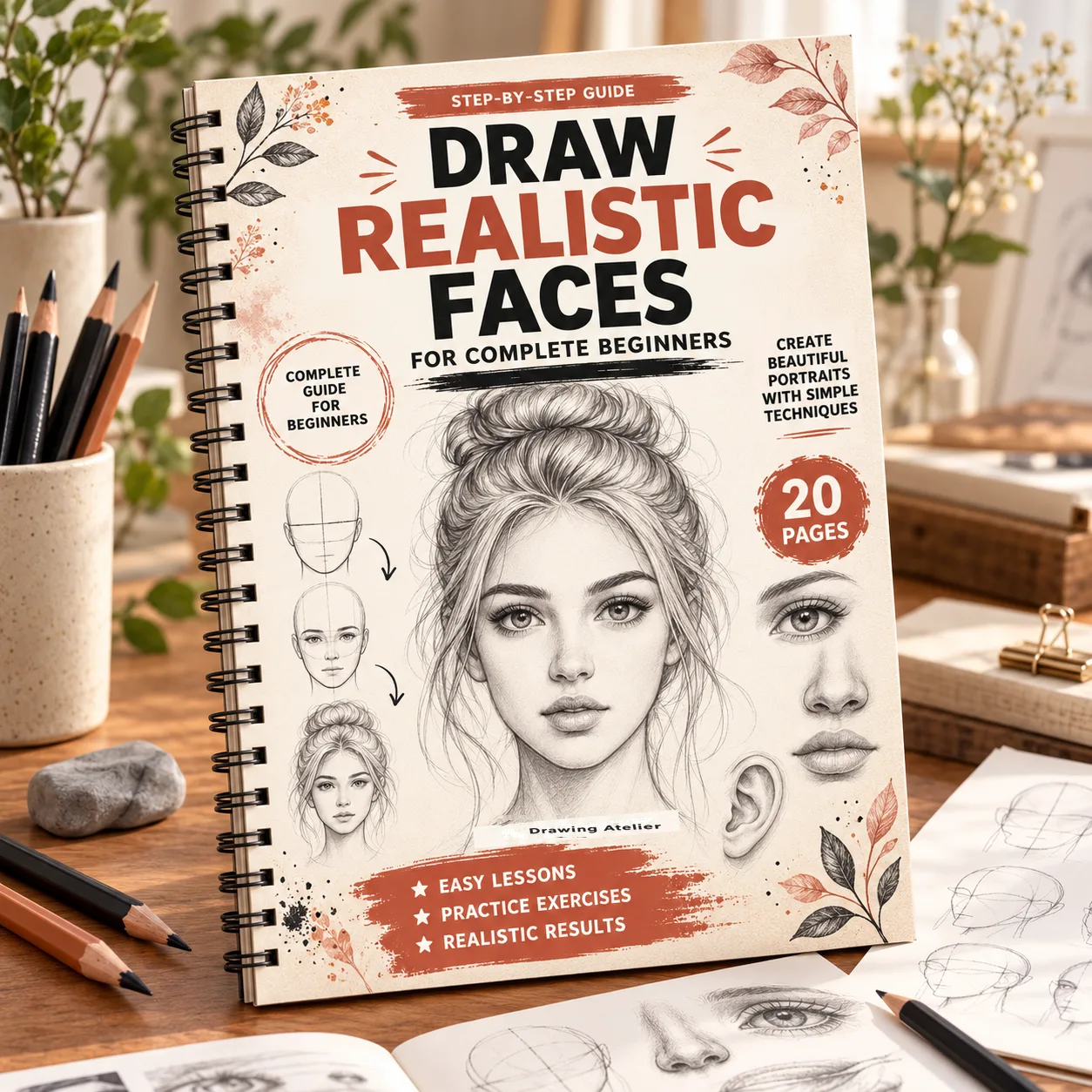 Draw Realistic Faces workbook standing on a desk, showing a pencil portrait of a woman and step-by-step face studies