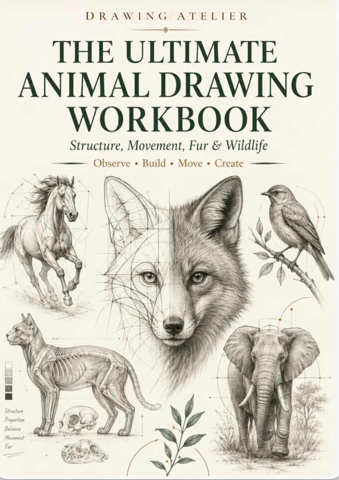Animal drawing workbook cover with pencil studies of a fox, horse, songbird, cat skeleton, and elephant
