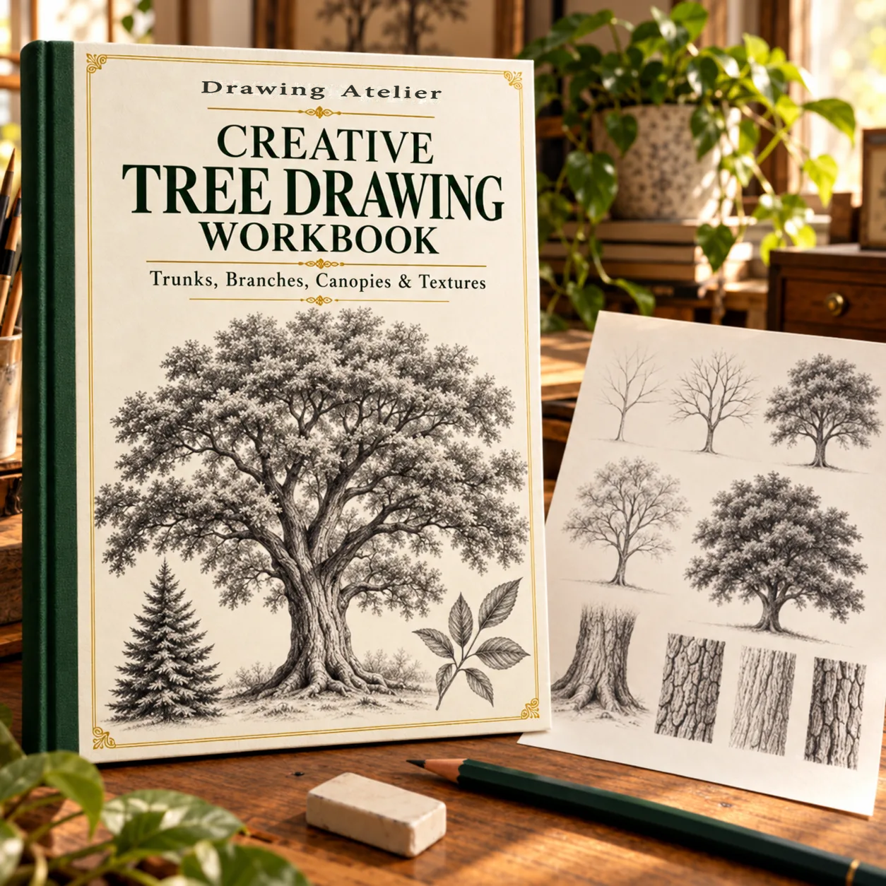 Creative Tree Drawing Workbook on a desk, showing a pencil oak tree and panels of tree, canopy, trunk, and bark studies